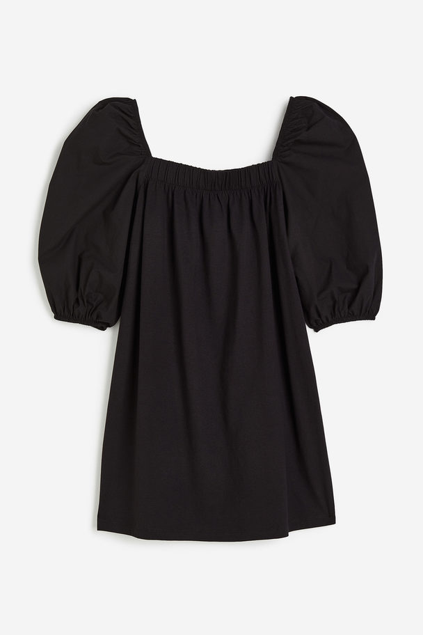 H&M Puff-sleeved Cotton Dress Black