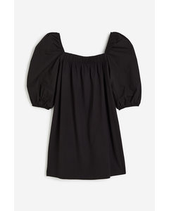 Puff-sleeved Cotton Dress Black