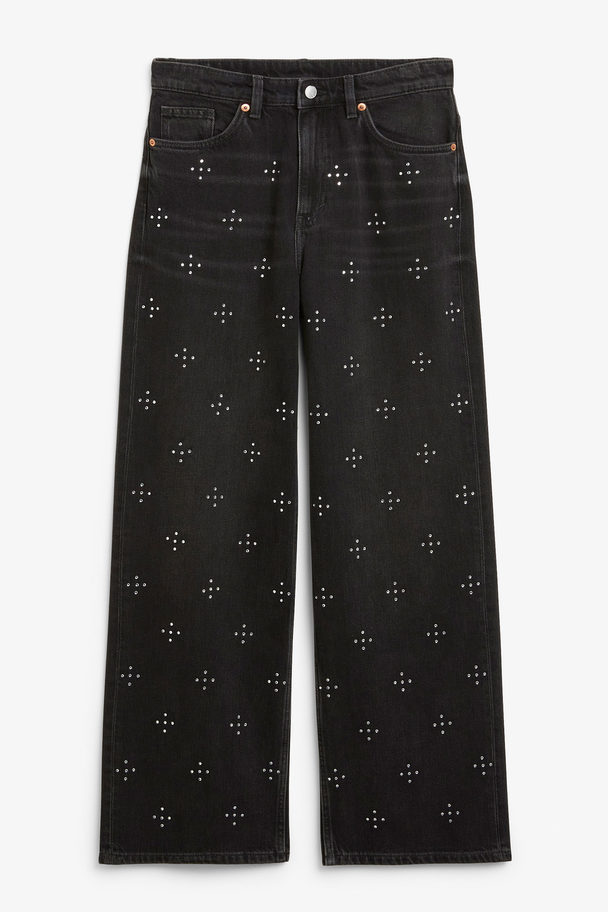 Monki Iku High Waist Loose Embellished Jeans Black Glitzy