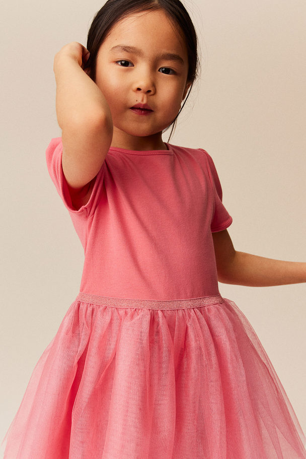H&M Kleid mit Tüllrock und Puffärmeln Rosa