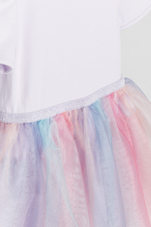 H&M Tulle-skirt Dress With Puff Sleeves Dusty Lilac/gradient