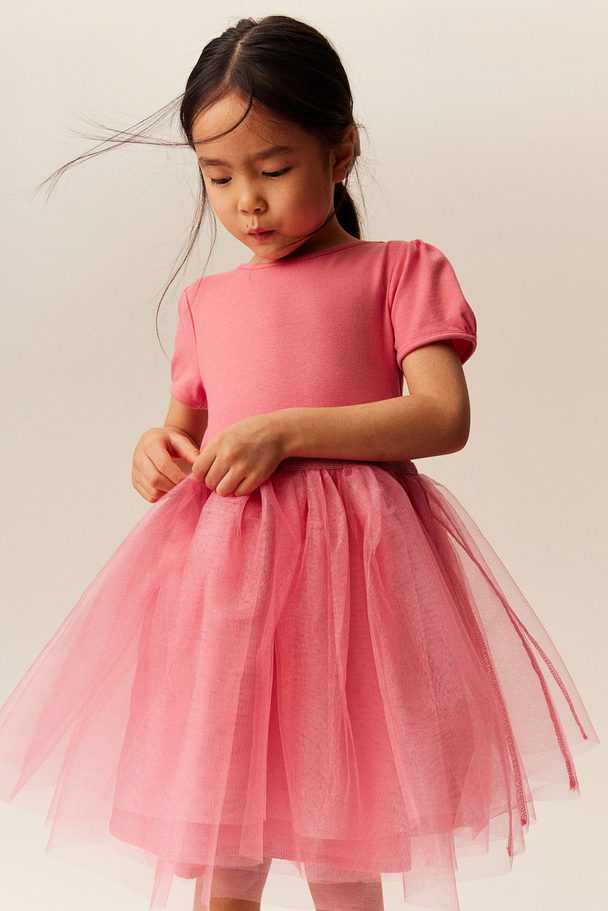 H&M Tulle-skirt Dress With Puff Sleeves Pink