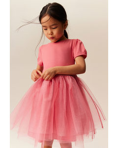 Tulle-skirt Dress With Puff Sleeves Pink