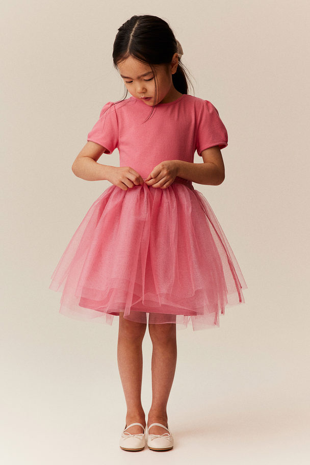 H&M Tulle-skirt Dress With Puff Sleeves Pink