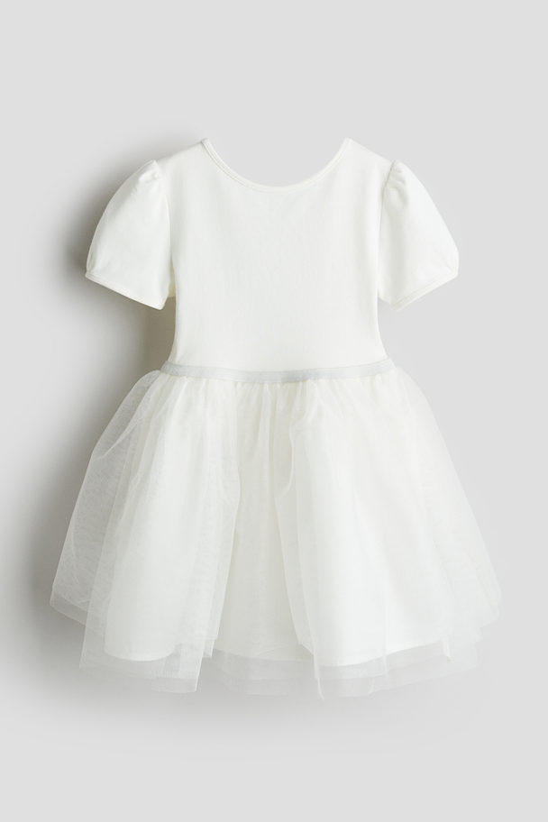 H&M Tulle-skirt Dress With Puff Sleeves White