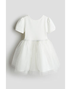 Tulle-skirt Dress With Puff Sleeves White