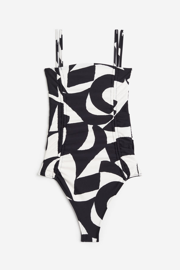 H&M Badeanzug High Leg Schwarz/Weiß gemustert
