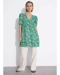 A-line Short-sleeve Dress Green Floral Print