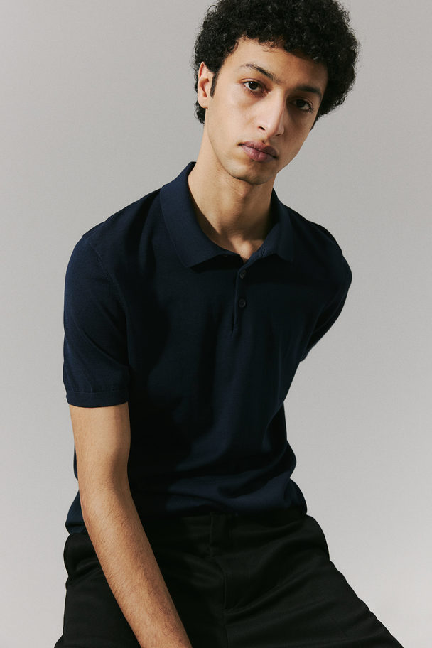 H&M Slim Fit Silk-blend Polo Shirt Navy Blue