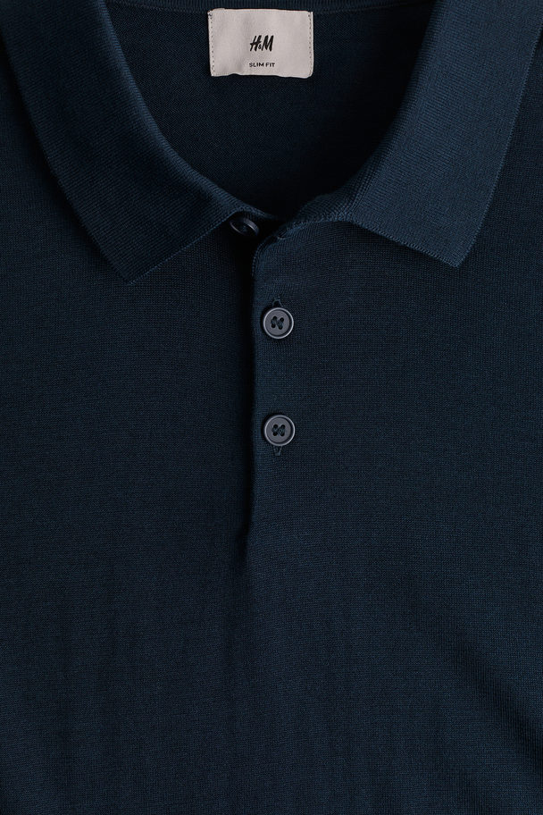 H&M Poloshirt Van Zijdemix - Slim Fit Marineblauw