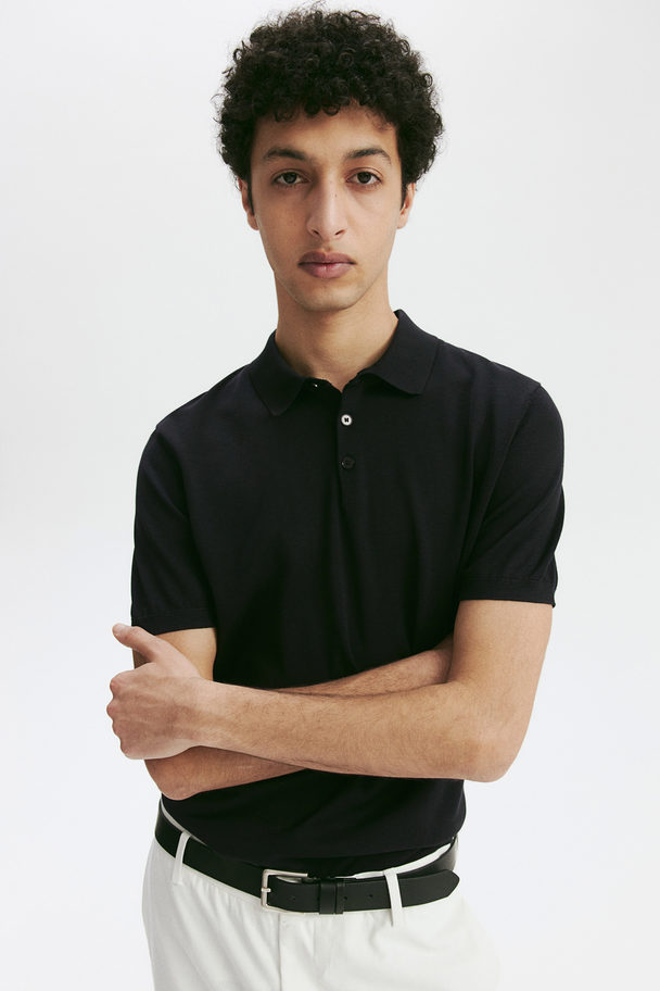 H&M Slim Fit Silk-blend Polo Shirt Black