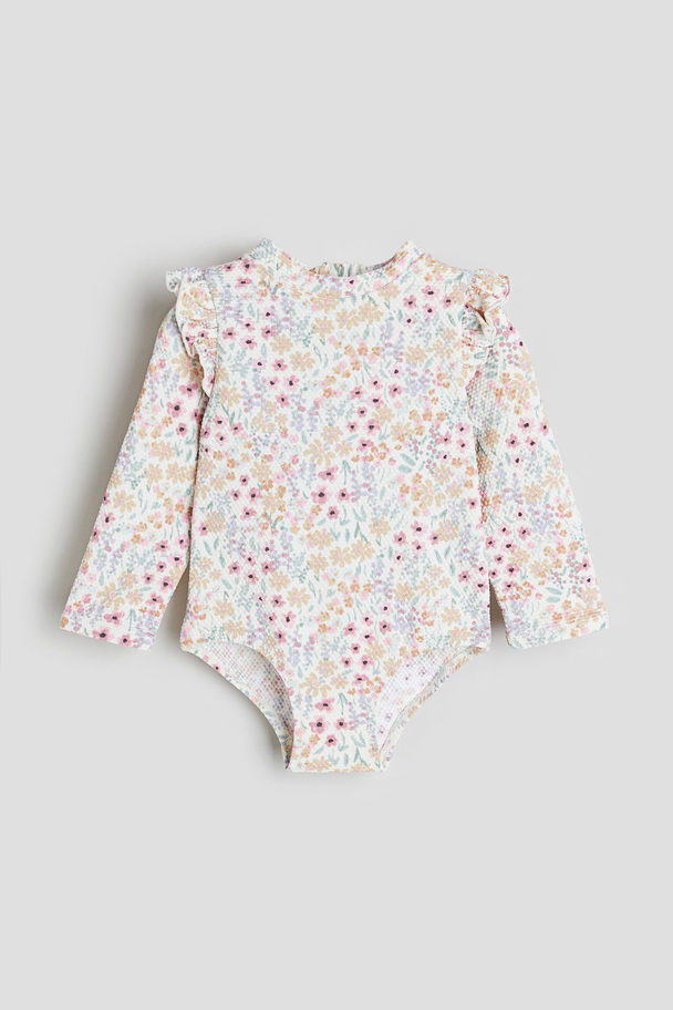 H&M Long-sleeved Swimsuit White/floral