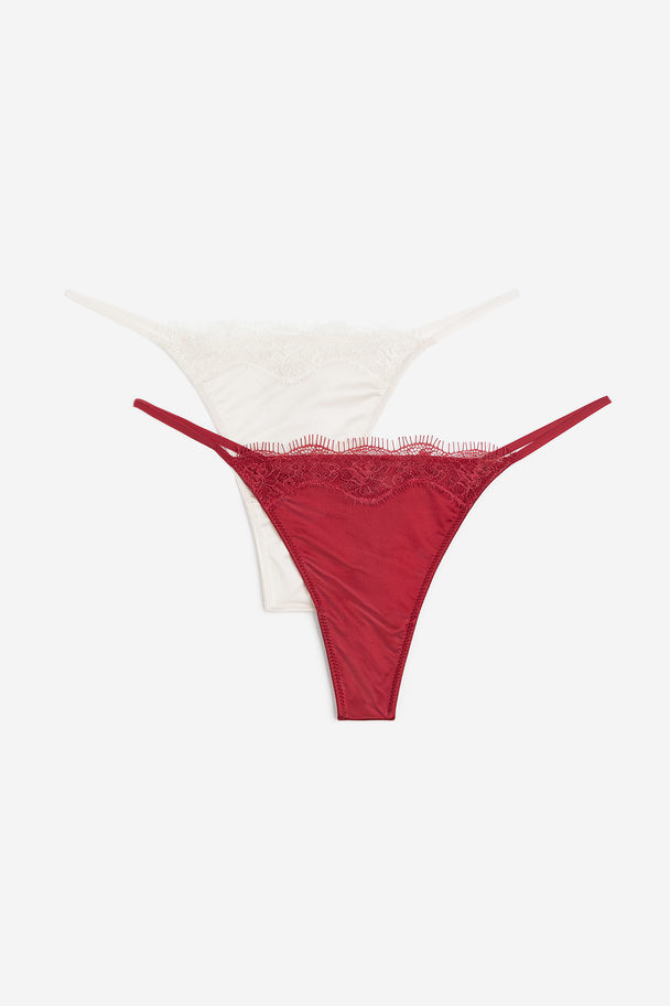H&M 2-pack Lace-trimmed Thong Briefs Dark Red/light Beige