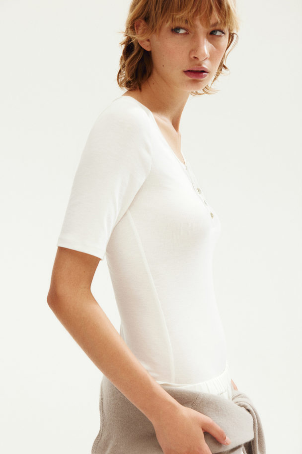 H&M Ribbed Henley Top White