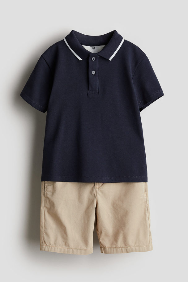 H&M 2-piece Polo Shirt And Shorts Set Navy Blue/beige