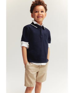 2-piece Polo Shirt And Shorts Set Navy Blue/beige