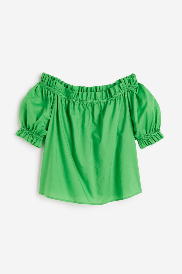 H&M Frill-trimmed Off-the-shoulder Top Green