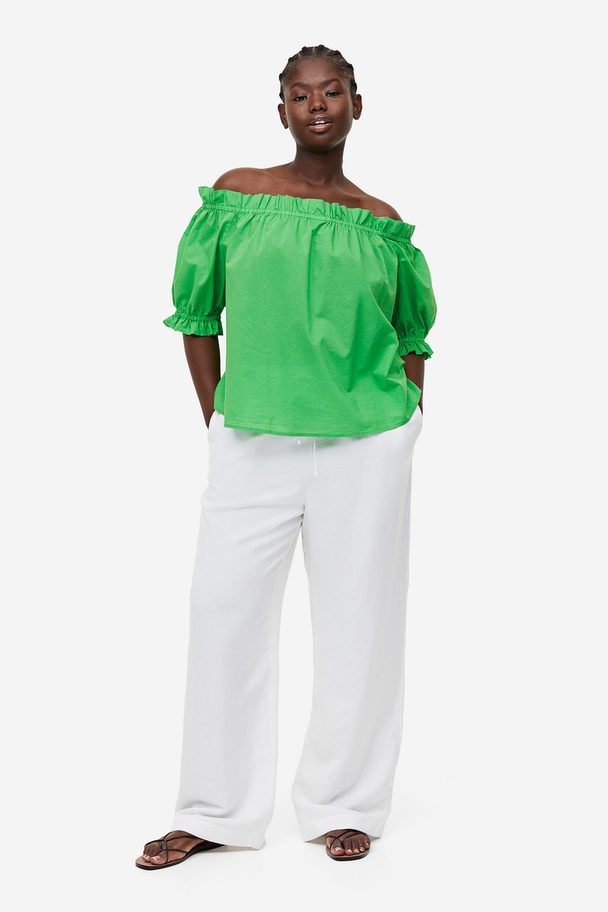 H&M Frill-trimmed Off-the-shoulder Top Green