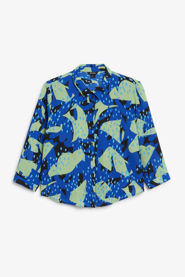 Monki Collage Print Flowy Button Up Blouse Blue Collage