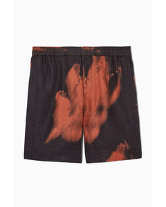 Elasticated Linen Shorts Navy / Rust / Printed