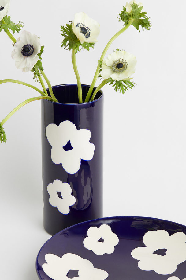H&M HOME Floral-patterned Earthenware Serving Plate Dark Blue/floral