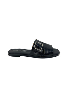Libera Black Leather Flat Sandal With Engraving