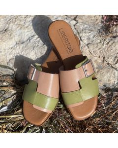 Libera Beige And Green Leather Flat Sandal With Engraving