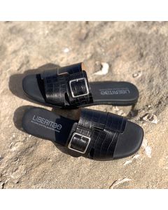 Libera Black Leather Flat Sandal With Engraving