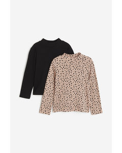 2-pack Polo-neck Tops Beige/leopard Print