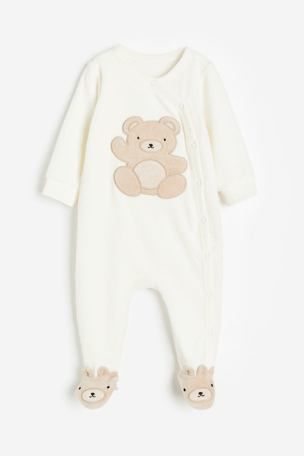 H&M Schlafanzug aus Velours mit Füßchen Naturweiß/Bären