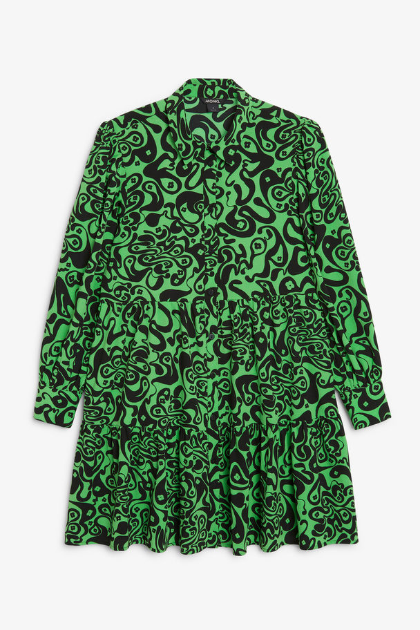 Monki Volant-Hemdkleid mit Retro-Wirbelprint grün Grünes Retro-Wirbelmuster