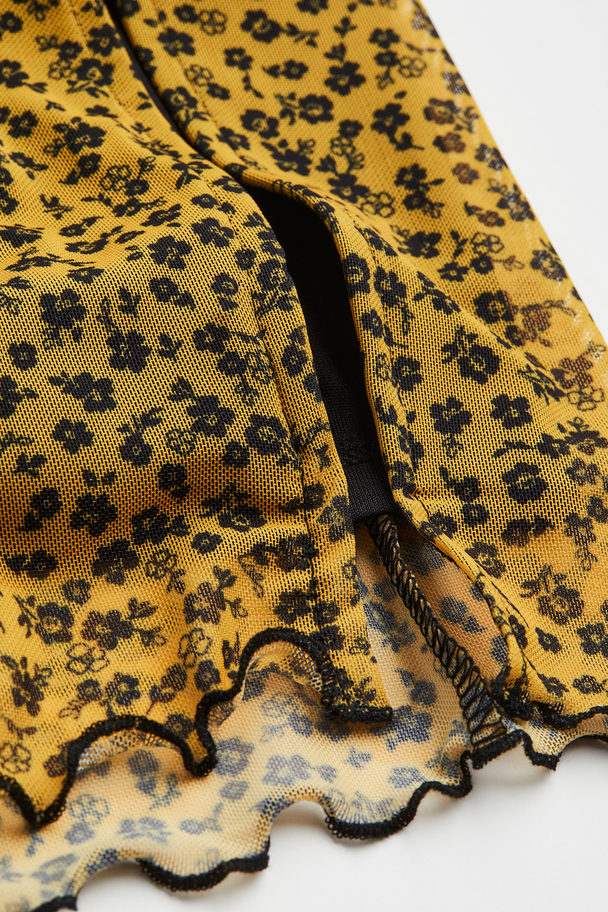H&M Patterned Mesh Skirt Mustard Yellow/small Flowers