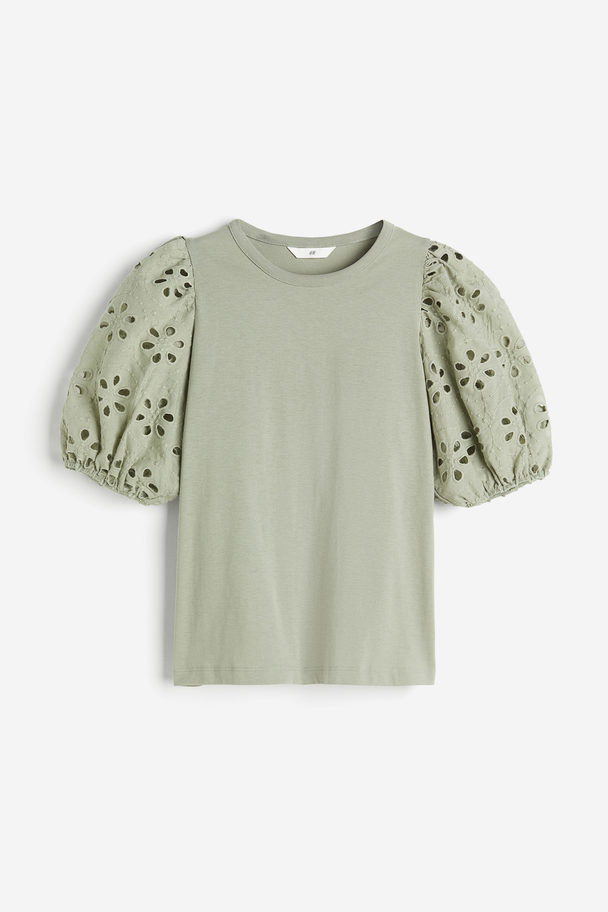 H&M Broderie-anglaise-sleeve Top Sage Green