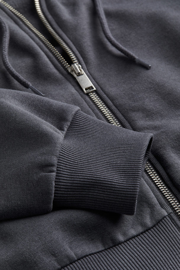 H&M Cropped Zip-through Hoodie Dark Grey