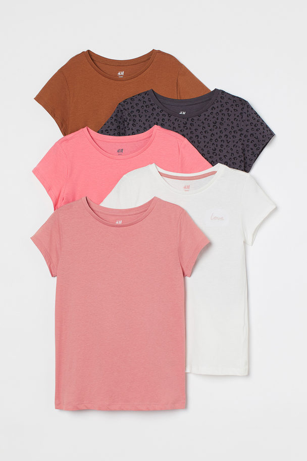 H&M Set Van 5 Katoenen T-shirts Roze/luipaarddessin