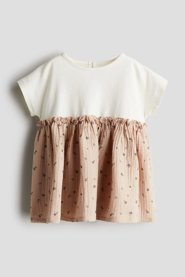 H&M Baumwollkleid mit Kurzarm Beige/Geblümt