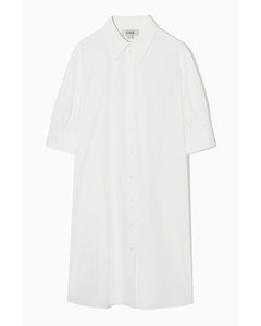 Gathered-sleeve Mini Shirt Dress White