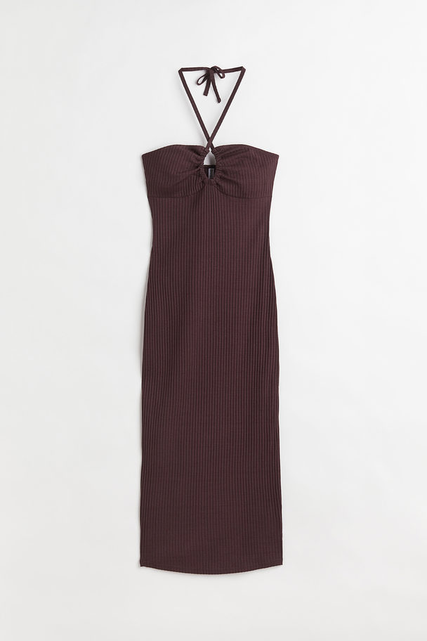 H&M Ribbad Halterneck-klänning Mörkbrun
