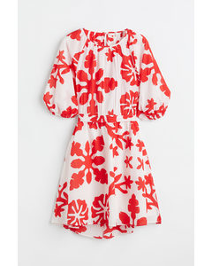 Kleid mit Bindebändern Weiß/Rot gemustert