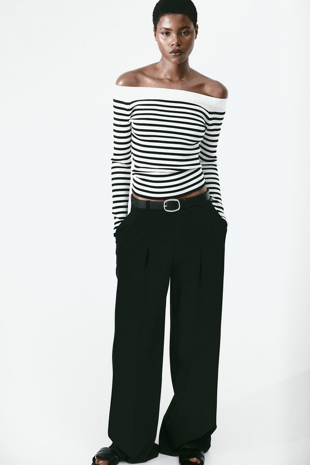 H&M Rib-knit Off-the-shoulder Top White/black Striped