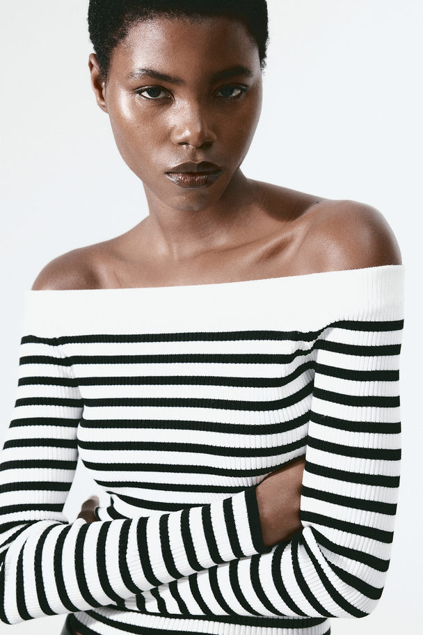 H&M Rib-knit Off-the-shoulder Top White/black Striped