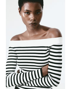 Rib-knit Off-the-shoulder Top White/black Striped