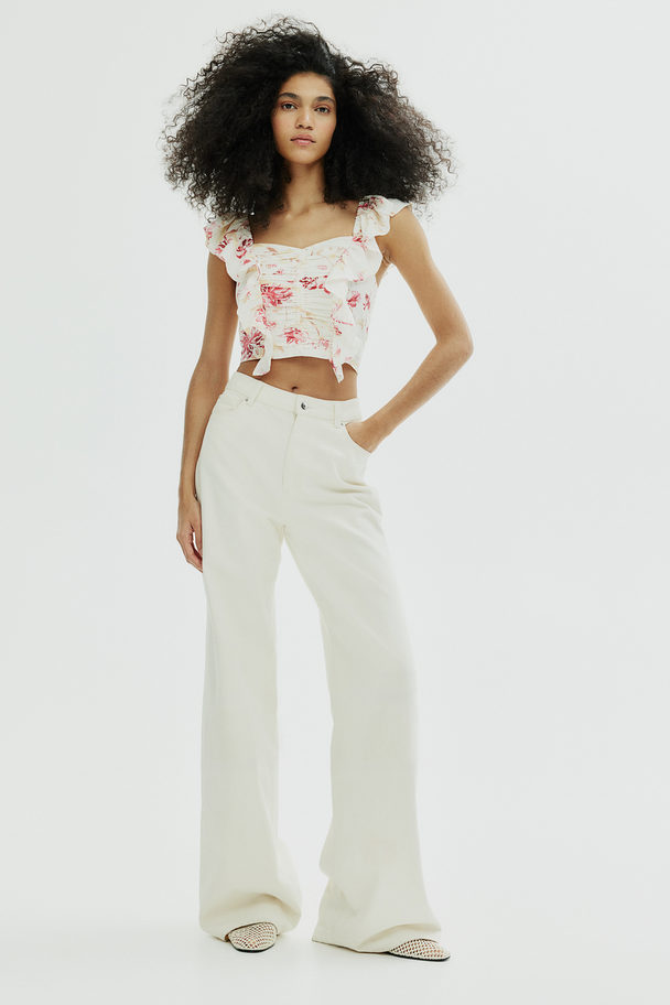 H&M Cropped Blouse Van Linnenmix Wit/bloemen