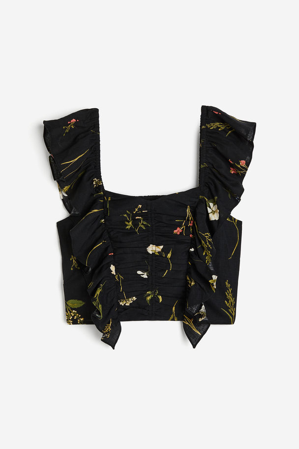 H&M Cropped Blouse Van Linnenmix Zwart/bloemen