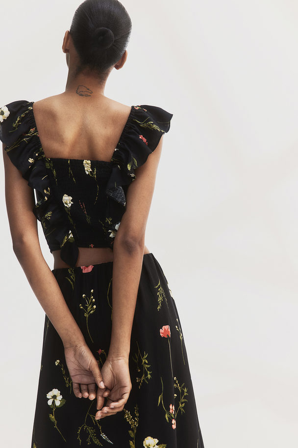 H&M Cropped Blouse Van Linnenmix Zwart/bloemen