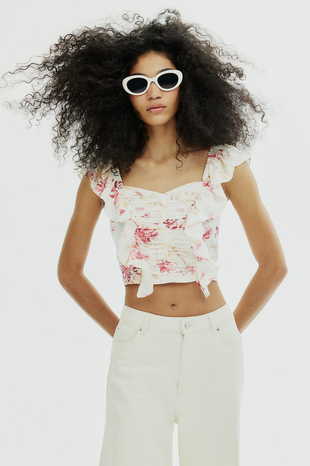 H&M Cropped Blouse Van Linnenmix Wit/bloemen