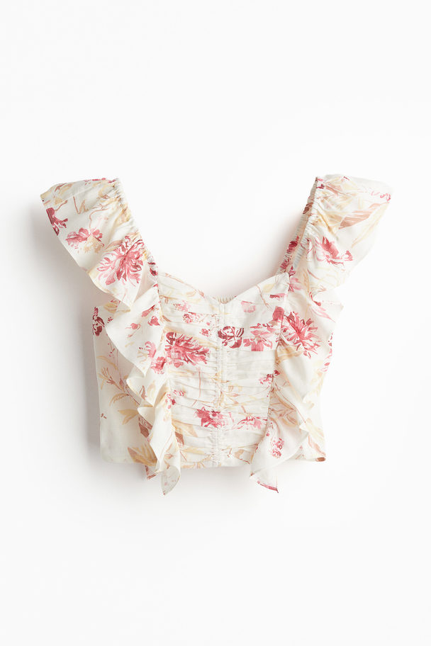 H&M Cropped Blouse Van Linnenmix Wit/bloemen