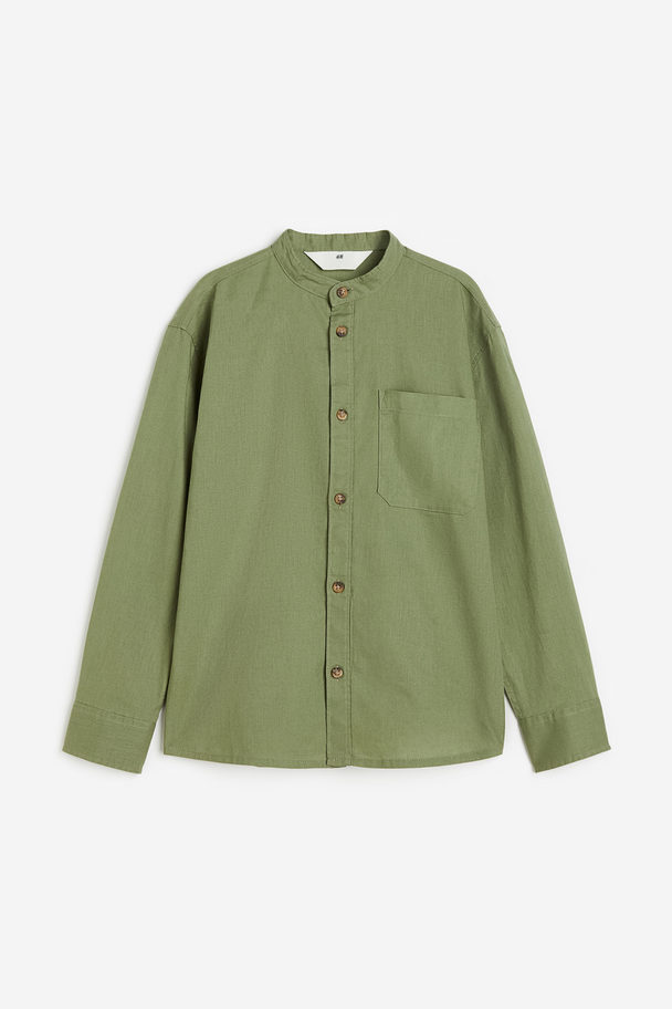 H&M Linen-blend Grandad Shirt Khaki Green