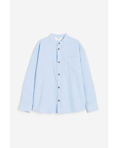 Linen-blend Grandad Shirt Light Blue