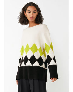 Argyle Knit Jumper Lime Green And White